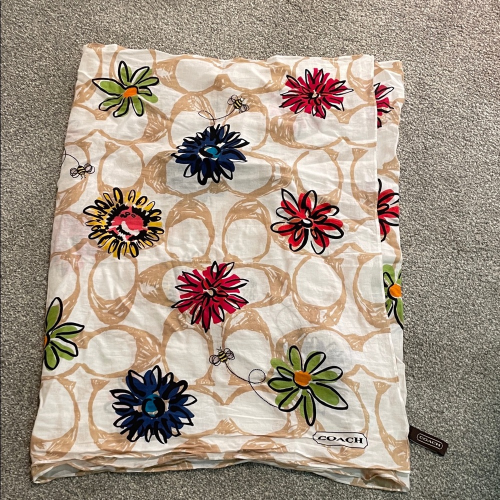 Coach Floral Print scarf/sarong in White, Tan, Red, Blue, Green, Yellow